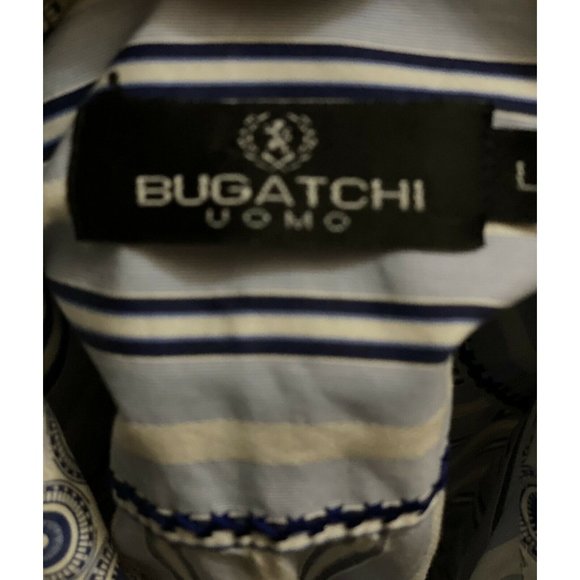 Bugatchi Uomo Flip Cuff Shirt Sz L Mens Blue  White Stripe Circles L/S - Picture 5 of 6